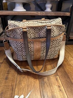 Coach Beige Signature Canvas Tote with Tan Leather Trim